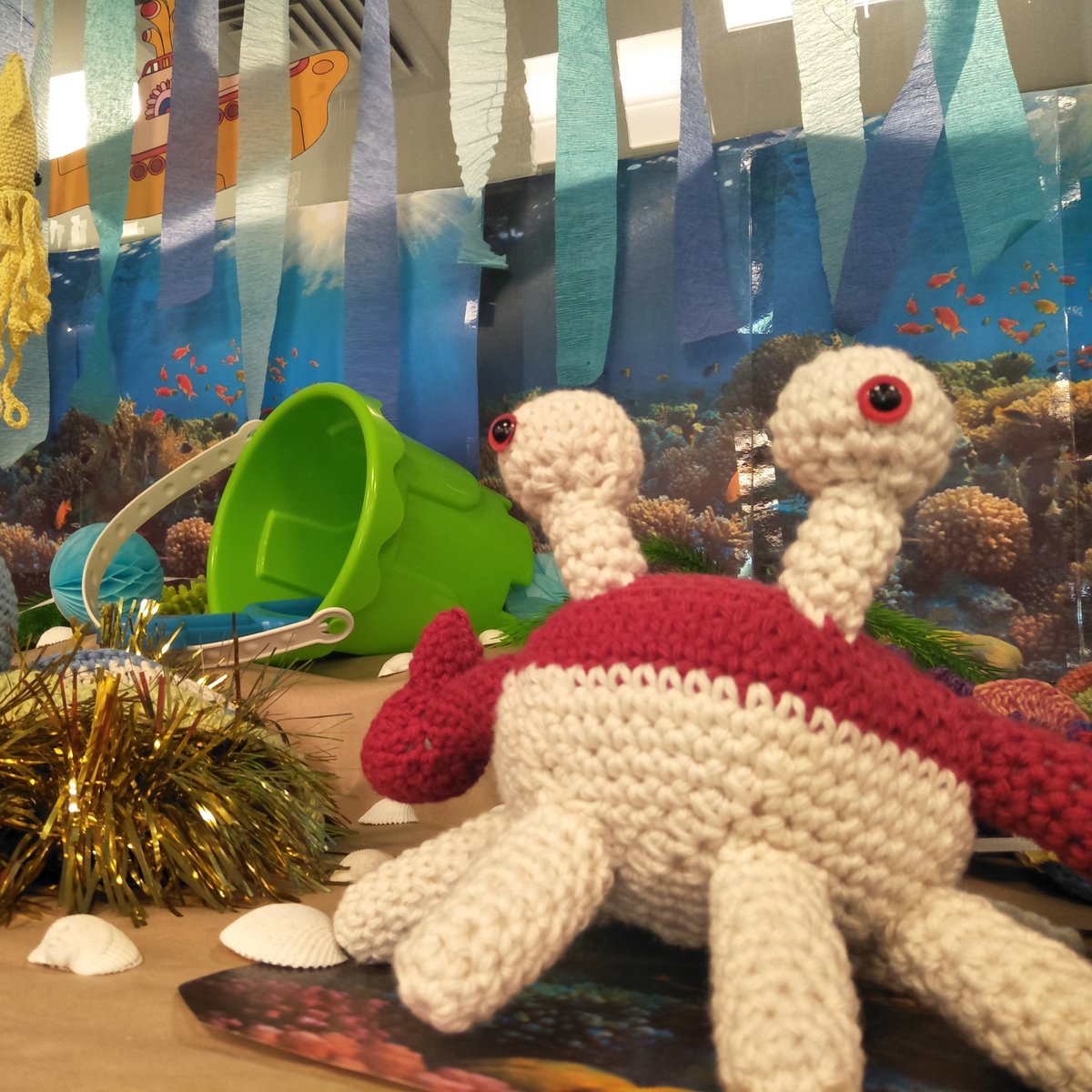 unilibrary's tweet photo. Good morning, feeling a little crabby this morning? Take a breath with these highlights from the #BaillieuLibrary team's #UnderTheSea entry in the #unilibrary #ChristmasCup Decorating Competition. #StrategyOctopus #uomlibrary https://t.co/hsqgDXho9Q
