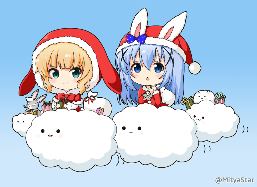 kafuu chino ,kirima syaro ,tippy (gochiusa) twitter username multiple girls 2girls animal ears blonde hair closed mouth blue eyes  illustration images