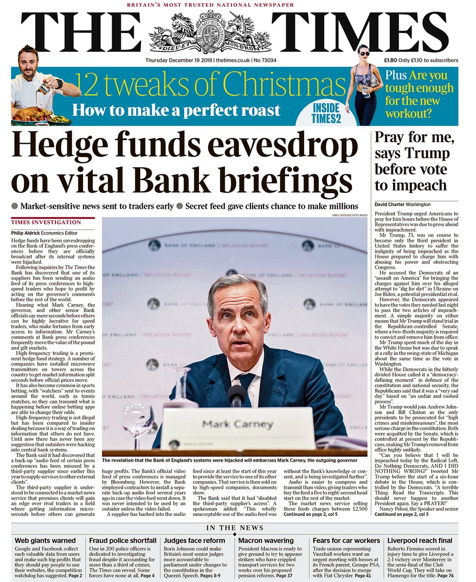 TimesPictures's tweet photo. The Times 19/12/2019
Hedge funds have been eavesdropping on the Bank of England's press conferences before they are officially broadcast after its internal systems were hijacked. Photo : Chris J Ratcliffe/Getty Images (file photo).
#tomorrowspaperstoday #thetimes @thetimes https://t.co/R46rIU3OHD