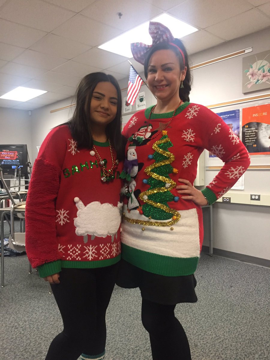MsNewman_Math's tweet photo. Christmas sweater day at school!! #ECMS #GameOnImps https://t.co/FoLygede0C