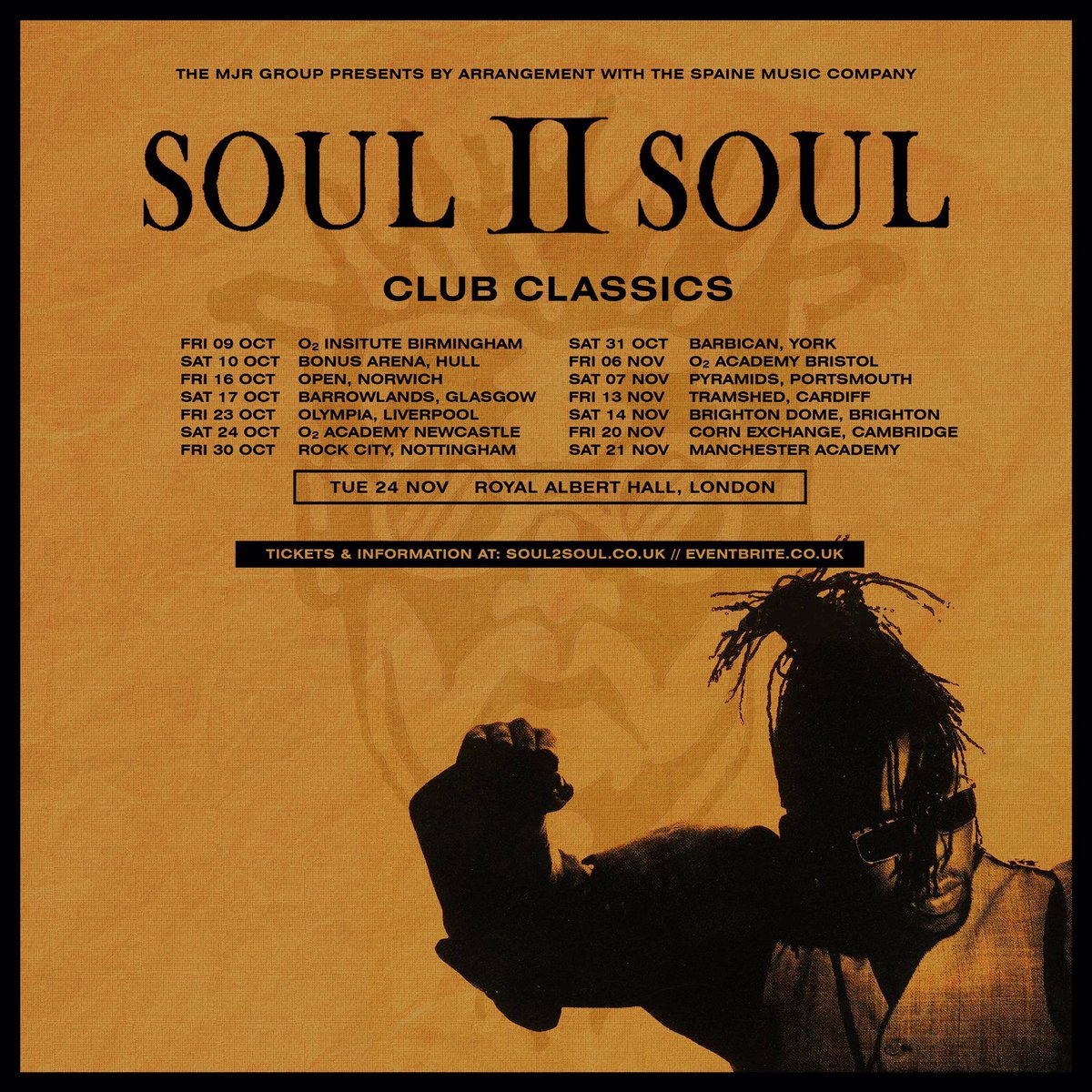 ⚡️Soul II Soul ‘Club Classics’ 2020 UK Tour⚡️

We’ll be performing an extended set including rarely performed hits from Club Classics Vol. One LIVE at 15 venues, including London’s Royal Albert Hall!

Grab your tickets now at bit.ly/SoulClubClassi… 👈🏿

#soul2soul #tour