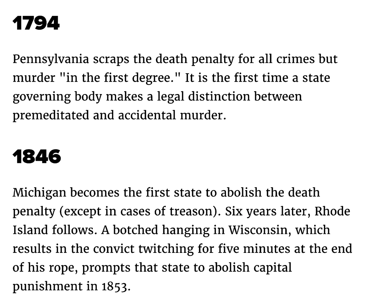 1794Pennsylvania Scraps The Death Penalty For All Crimes Except Murder "In The First Degree", Creating A Legal Distinction Between Premeditated And Accidental Murder.1846Michigan Becomes The First State To Abolish The Death Penalty - Except In Cases Of Treason.
