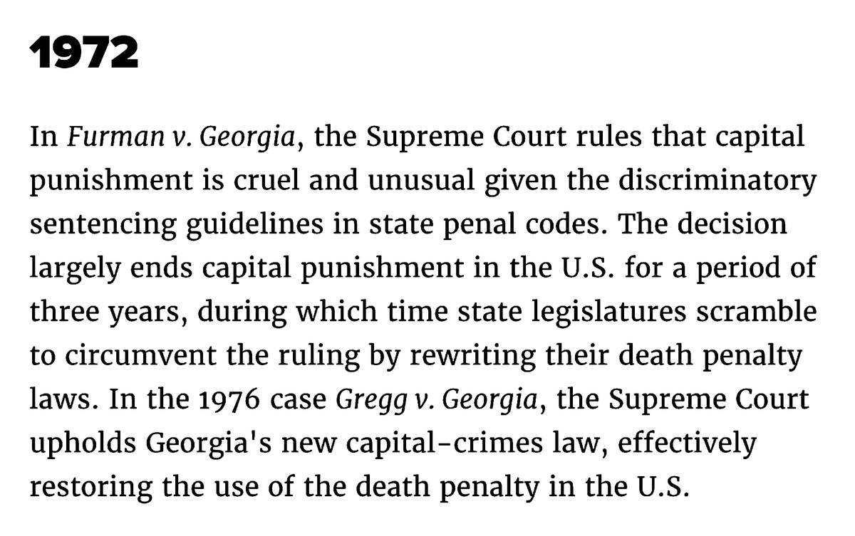 1972Furman v. Georgia - The Supreme Court Rules That Capital Punishment Is Cruel And Unusual Given The Discriminatory Sentencing Guidelines In State Penal Codes.This Decision Largely Ends Capital Punishment In The U.S. For A Period Of Three Years.
