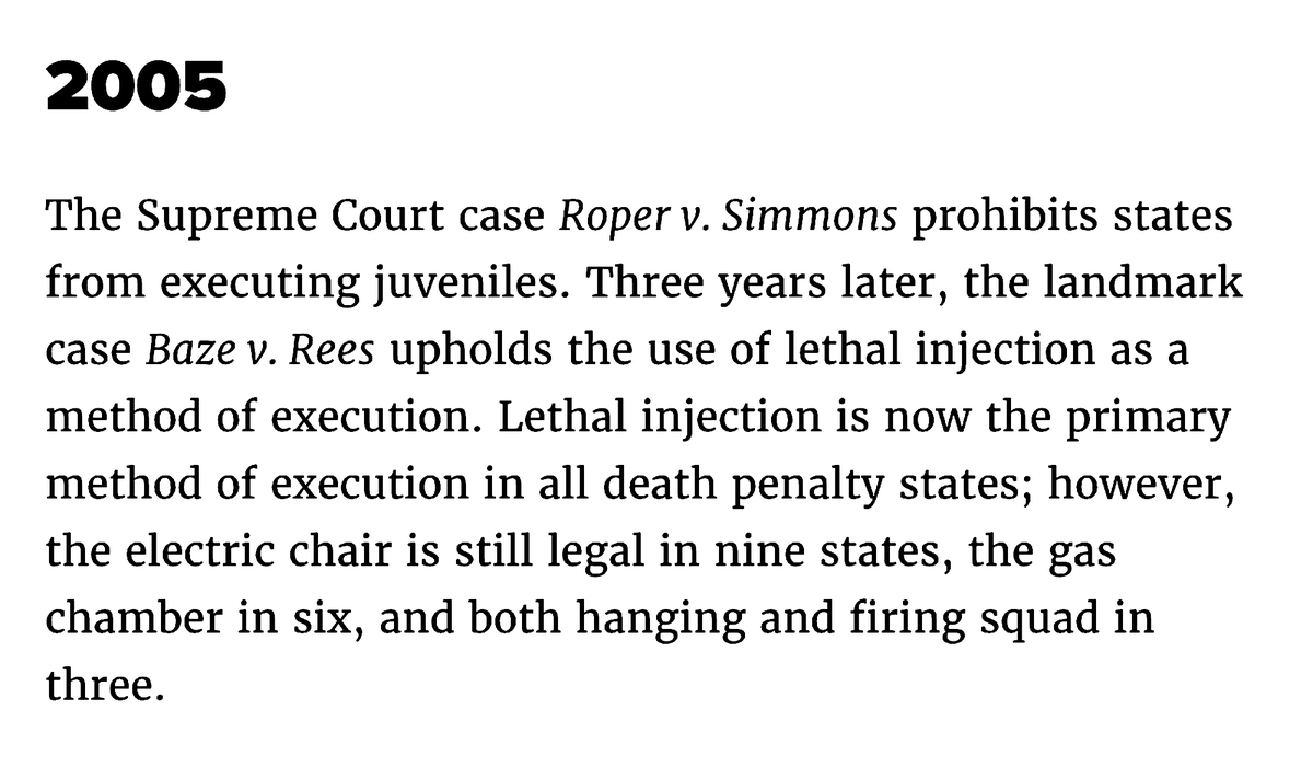 2005Roper v. Simmons - Prohibits States From Executing Juveniles. Three Years Later Baze v. Rees Upholds The Use Of Lethal Injection As A Method Of Execution.Electric Chair Still Legal In Nine States, Gas Chamber In Six, Hanging And Firing Squad In Three.(To Be Continued.)