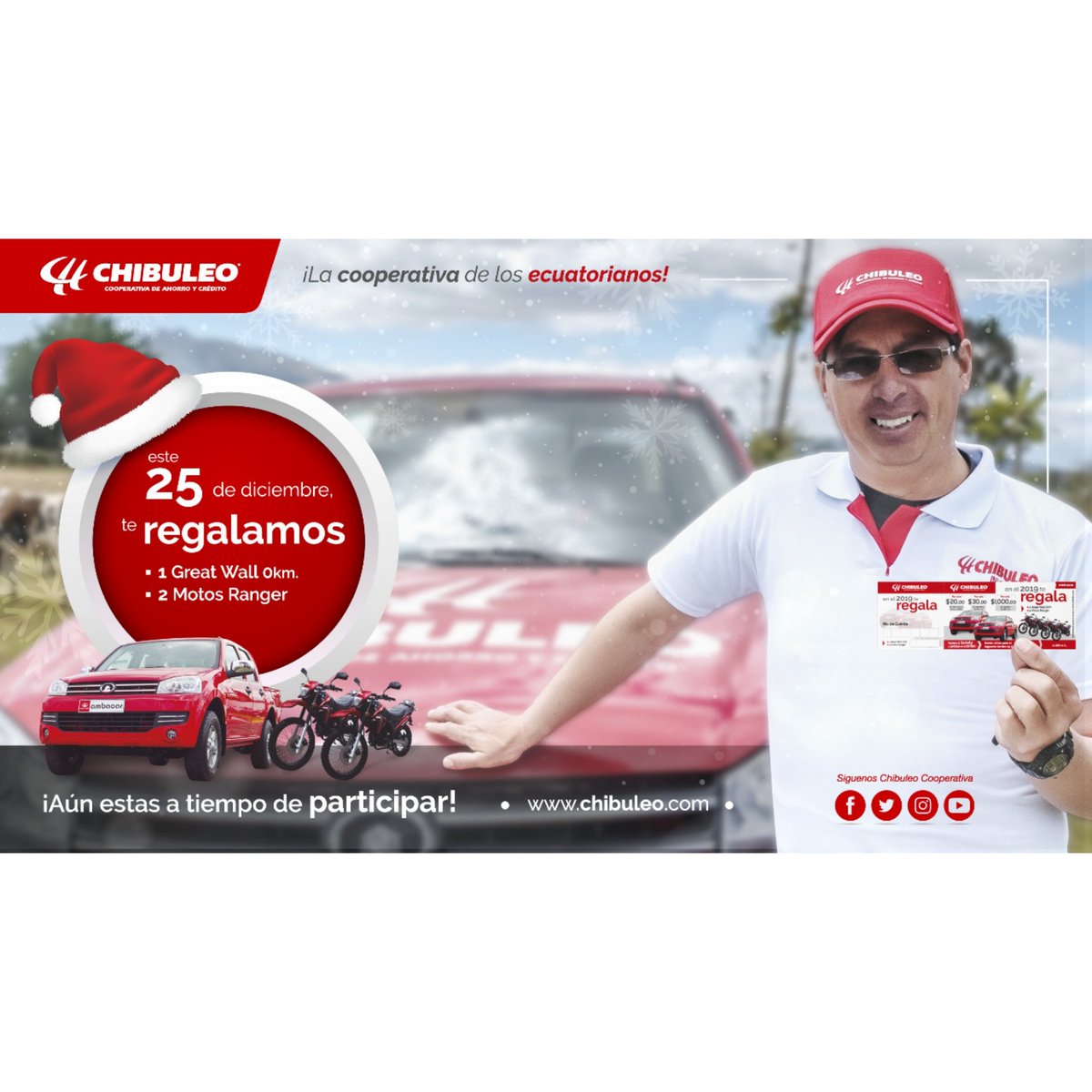 coopchibuleo's tweet photo. Jorge Changoluisa, ganadero de Machachi, se convirtió en el  #PrimerGanador de una camioneta doble cabina  0 Km.
¡Tú puedes ser el próximo!
Obtén un cupón por cada $20 en certificados de aportación, $30 en ahorro y $1.000 en póliza a plazo fijo hasta el 20 de diciembre de 2019. https://t.co/agQgotUB43