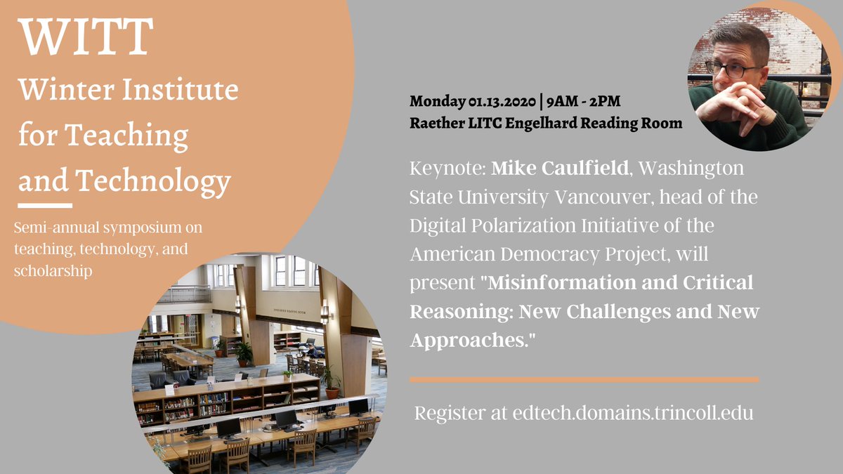trinitylibrary's tweet image. In addition to Mike Caulfield, our tentative agenda includes presentations on Scalar digital exhibits, Kaltura video quizzes, analyzing gerrymandering data in CT, creating supplemental learning resources, &amp;amp; more. RSVP at edtech.domains.trincoll.edu. Feel free to come and go