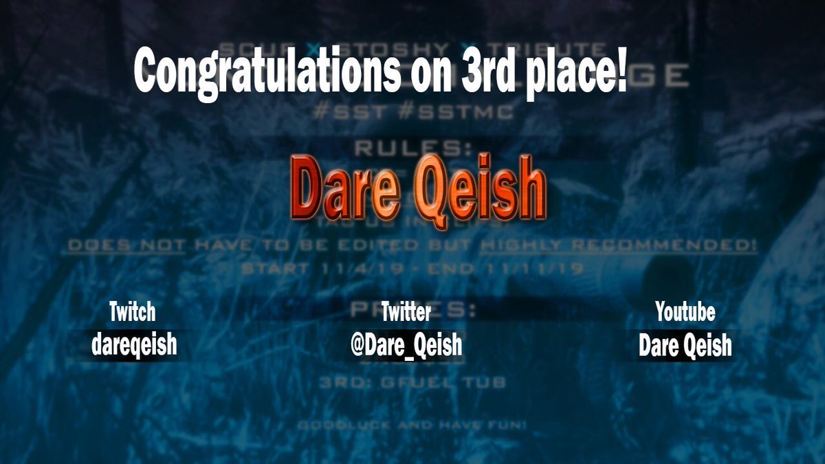 vTributes_'s tweet photo. Congratulations @Dare_Qeish on 3rd place in the #SSTMC!
Be sure to go give Qeish a follow and the 1st and 2nd place will be announce in the coming days! https://t.co/YgaHfaOoFF