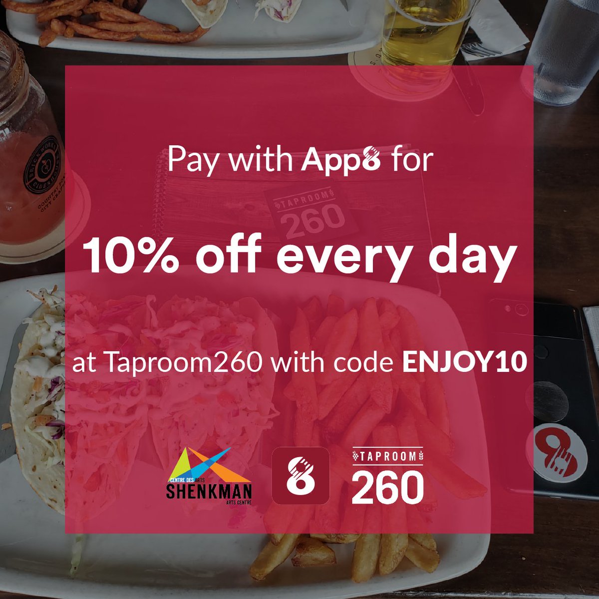shenkmanarts's tweet photo. Enjoy 10% off at Taproom260 when you pay with #App8!

@app8pay lets you pay your bill from your phone. There's no waiting for the printed bill or machine, when you're ready to go just tap, pay and leave.

Download the app and enter the promo code ENJOY10 to save! #eatpayleave https://t.co/GrODSYV6Xh
