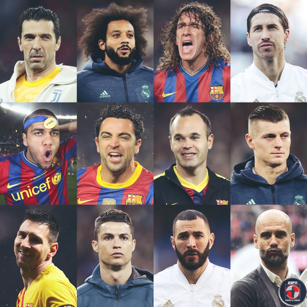 ESPN_FDJ's tweet photo. 🌟 Los elegidos 🌟

El XI de la década (2010-2019) para los fans de Fuera de Juego ⚽

🇮🇹 Buffon

🇧🇷 Marcelo
🇪🇸 Ramos
🇪🇸 Puyol
🇧🇷 Alves

🇪🇸 Xavi
🇪🇸 Iniesta
🇩🇪 Kroos

🇦🇷 Messi
🇫🇷 Benzema
🇵🇹 Cristiano Ronaldo

DT: 🇪🇸 Guardiola

👁️¿Qué cambio harían? https://t.co/ArLizNAL8s