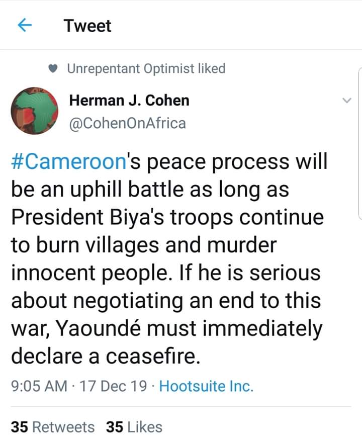 tata_charles's tweet photo. PAUL BIYA HAVE TO COMMAND HIS SOLDIERS TO WITHDRAW HIS TROOP OR CEASE #FIRE IN #AMBAZONIA. https://t.co/z0ahuwQk1v