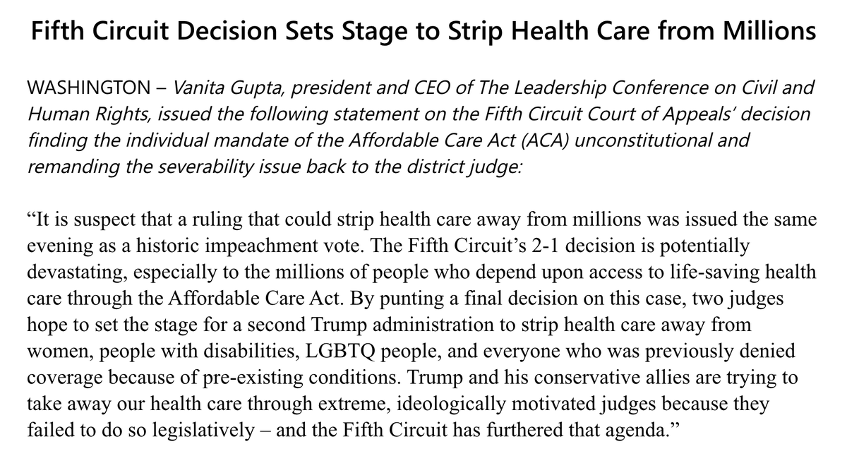 Screenshot of our statement on the ACA decision. The full text can be read at the link in the original tweet.