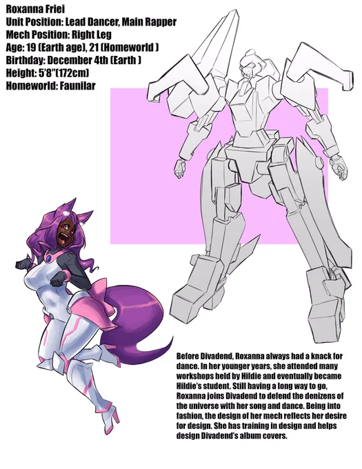 With the final character, we have the final mech which forms the right leg! Today we have Roxanna. Included is a height sheet showing the height of each mech in comparrison to each other as well as the overall deal of Cosmikaizer and Super Robot Idol Divadend. 