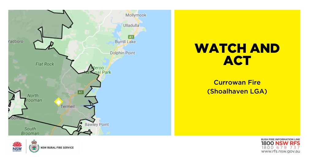 NSWRFS's tweet photo. Watch and Act - Currowan Fire (Shoalhaven LGA)
Conditions are easing across the fireground.
If you are in the area of Dolphin Point, Burrill Lake, Bungalow Park and Kings Point, monitor the changing conditions. Strong winds are forecast for Saturday. 
#nswfires #nswrfs https://t.co/vngy28rTIv