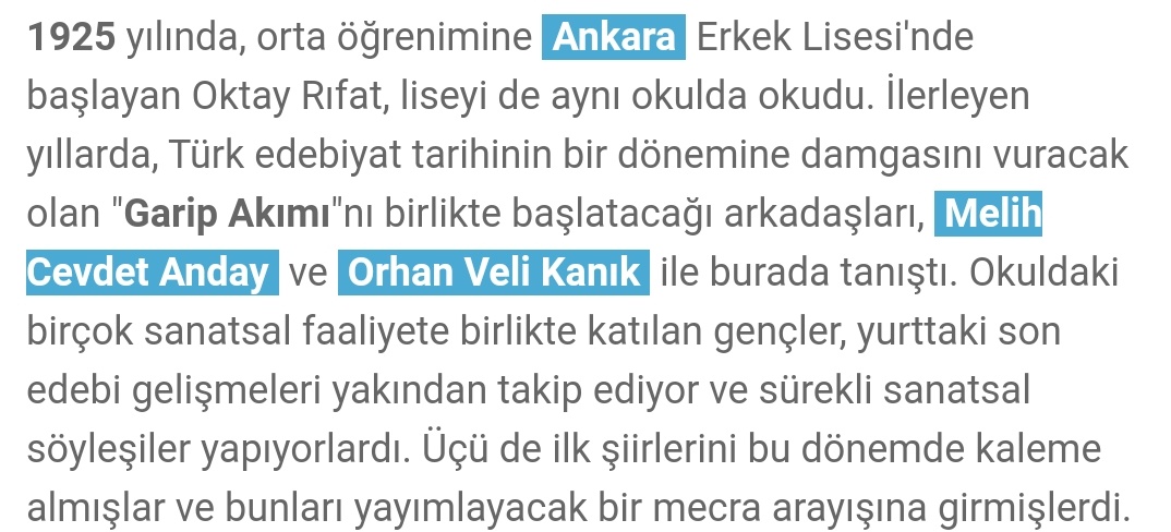 @pusulator @dedektifpipo Tam Türkiye'nin ozetisin ha :) Hayatında Orhan Veli okumamisin belli, Orhan Veli'den sözle laf sokmaya çalışıyorsun. Al oku biraz; Orhan Veli Galatasaray Lisesi'nde ilkokulu okumuştur. Babasının işi sebebiyle Ankara'ya taşınmıştır.