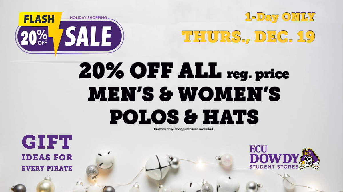 ECUHSBookstore's tweet photo. Don't be fa-la-la-la-lollygaging! Get your shopping done! Finish your gift getting with a hat or polo for your fav Pirate fan! 💜💛 20% off 1-day-only @ECUDowdy in Main &amp; Health Sci Student Ctrs, Thurs, Dec 19. Free gift wrap too! #ECU https://t.co/Q1BrJmy4DV