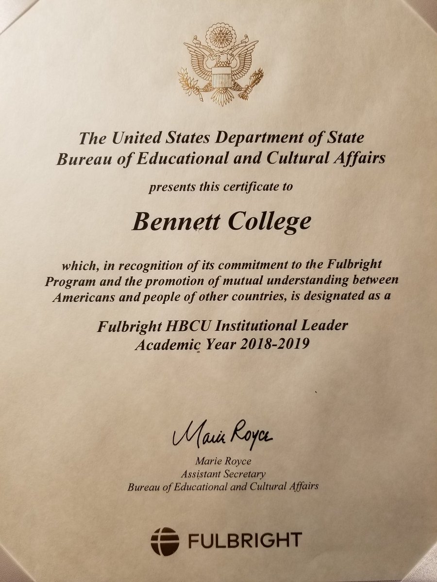 Exciting news! <a href="/BennettCollege/">Bennett College</a> is one of 19 HBCUs to be designated a <a href="/FulbrightPrgrm/">The Fulbright Program</a> HBCU Leader in recognition of our "noteworthy support" for Fulbright exchange particpants during last academic year.  We 💙 our Fulbrighters! &amp; 💙 how the program creates gloBELLE citizens. 🌍🔔