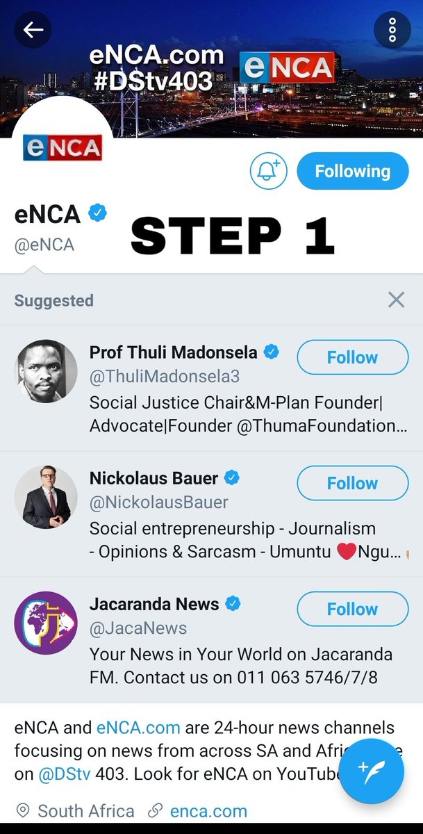 AKAMUSHAMBA's tweet photo. Here Is a a Step by Step Guide On How to Deal with ENCA social media accounts
STEP 1: Tap on the "Following" button 

STEP 2: On the Little Unfollow Block, dont waste time. Tap "Yes"

STEP 3: Tap on the 3 Dots

STEP 4: Select Block
#samkelomaseko
#eNCA
#eNCAMustFall https://t.co/2jzMpjSn31