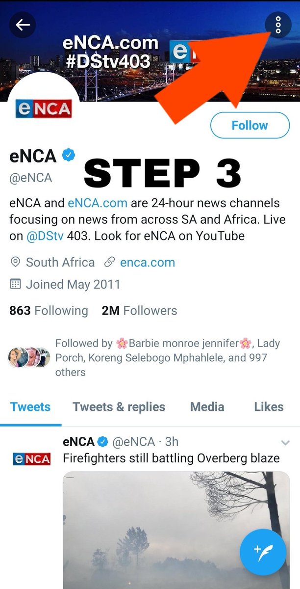 AKAMUSHAMBA's tweet photo. Here Is a a Step by Step Guide On How to Deal with ENCA social media accounts
STEP 1: Tap on the "Following" button 

STEP 2: On the Little Unfollow Block, dont waste time. Tap "Yes"

STEP 3: Tap on the 3 Dots

STEP 4: Select Block
#samkelomaseko
#eNCA
#eNCAMustFall https://t.co/2jzMpjSn31