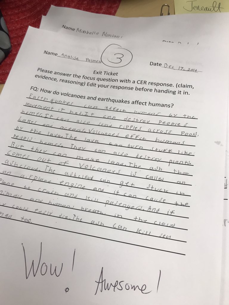 Exit ticket. FQ: How do earthquakes and volcanoes affect humans? Look at their rich responses.  Writing in content is real people!!! #writing #science #CER #contentwriting <a href="/SmithsonianScie/">Smithsonian Science Education Center (SSEC)</a> @c_leece