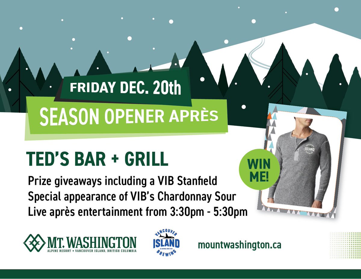 vibrewing's tweet photo. Answer the call at @MountWashington’s Season Opener Après this Friday!

Celebrate the arrival of winter at Ted's Bar &amp; Grill with a special appearance by our Chardonnay Sour, prize giveaways and live entertainment. Don't miss out on the first (but not last!) après of the season! https://t.co/U4GzjXsLCh