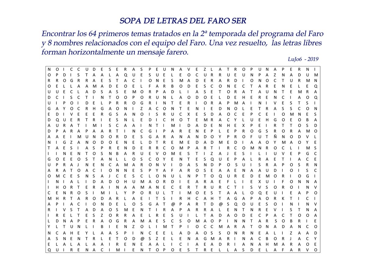 deLu_Jo6's tweet photo. @ElFaroSER @maratorres_ @La_SER
Relacionando los temas #ElFAroVolver + #ElFaroSopa :
"Vuelvo" a compartir la "sopa de letras temática del Faro" que ayer eliminé por tener alguna errata... 😅
¡¡Qué lo disfrutéis!!
(con 24 h. de retraso) https://t.co/O268hSgS5Q