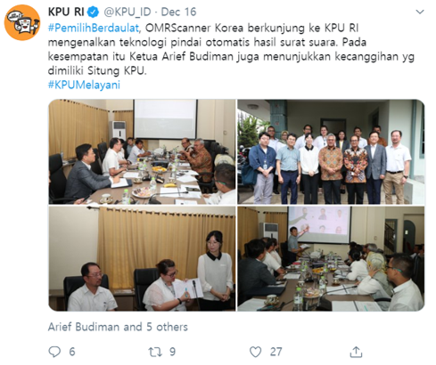 omr_scanner's tweet photo. We had a meeting with indonesian election commission KPU to introduce our automatic ballot scan technology. 
Chairman Arif Budiman appreciate of our visit to KPU. https://t.co/wqnJY4s0fu