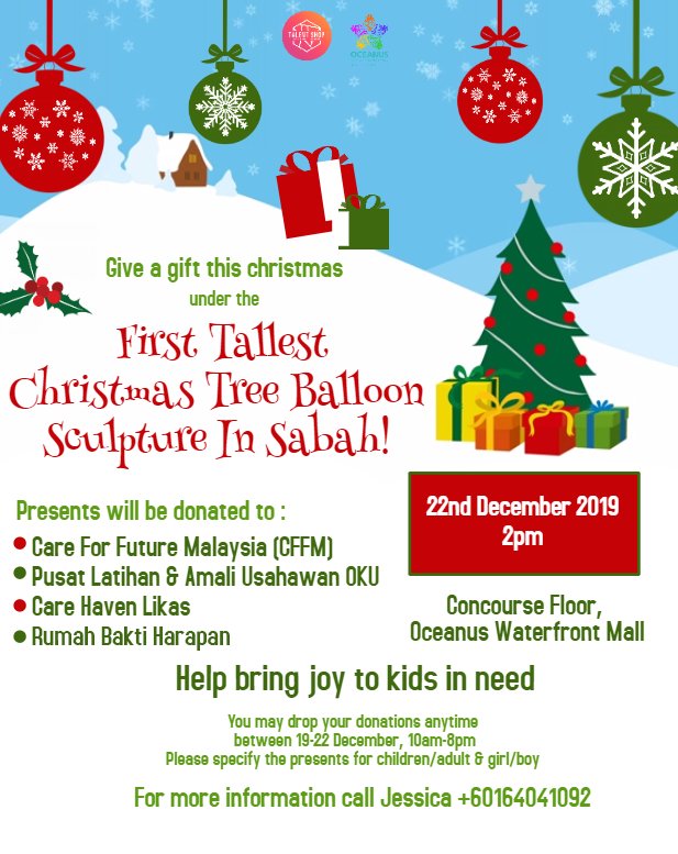 talentshopsabah's tweet photo. We are inviting anyone who wants to make this year's Christmas all about giving!
On our 4th day of #OCF2019, we have invited 4 NGOs to attend our event and to be at our Christmas tree balloon sculpture.
We need your help to donate presents and we will be having a gift exchange. https://t.co/TspPykg5eZ