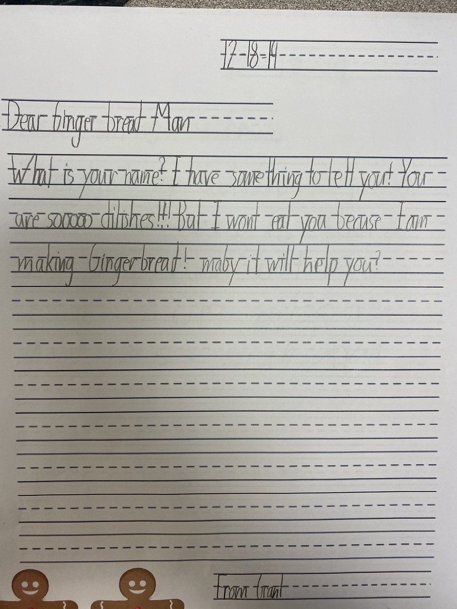 MissJaroch's tweet photo. Today my second graders used what they’ve learned about friendly letters and wrote to the gingerbread man! 🤎😋 ✏️ https://t.co/IBnb1ksshT