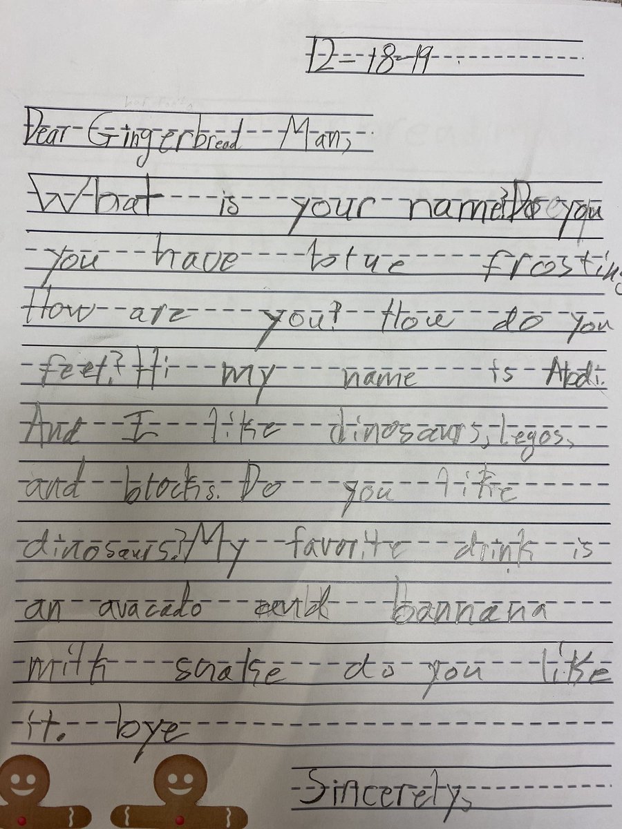 MissJaroch's tweet photo. Today my second graders used what they’ve learned about friendly letters and wrote to the gingerbread man! 🤎😋 ✏️ https://t.co/IBnb1ksshT