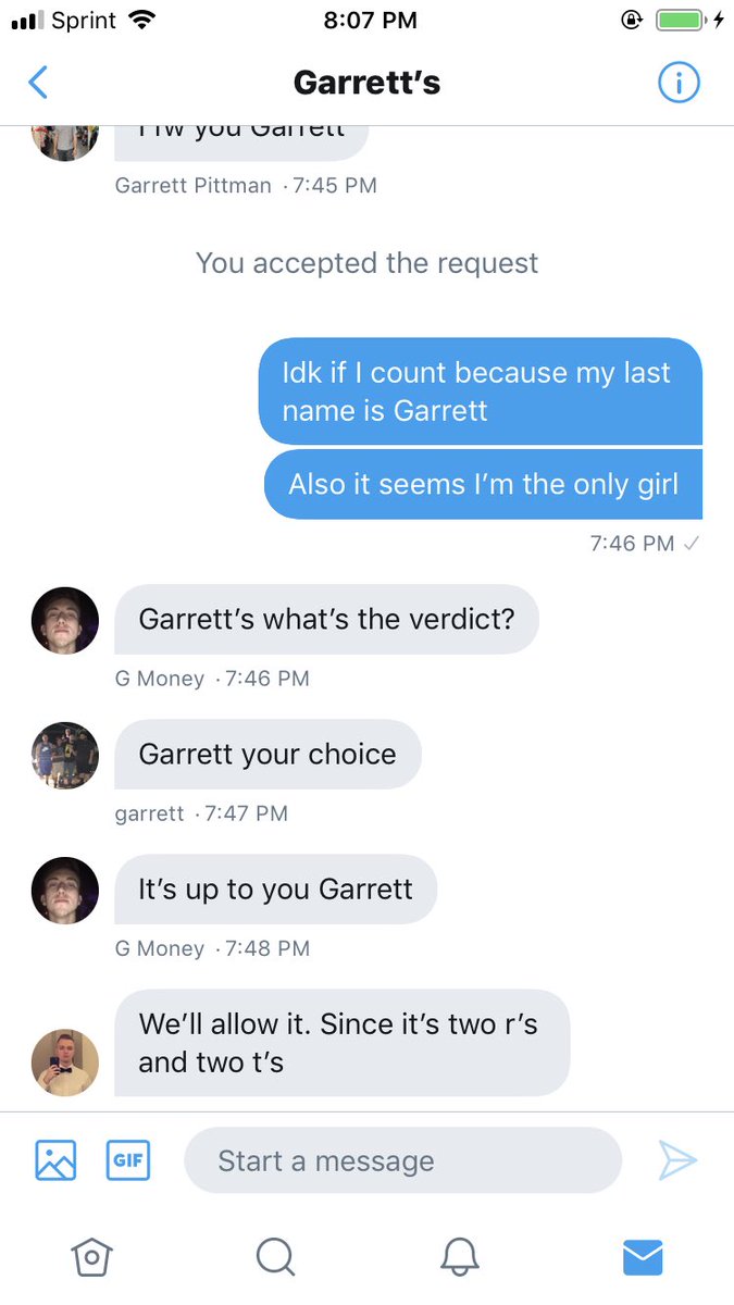 These random boys added me to a group chat for people named Garrett and I get to stay bc they’re being very kind and it’s probably the best thing that’s happened all day