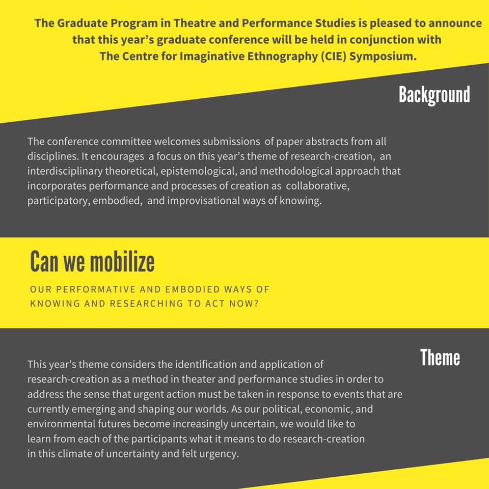 conteanth's tweet image. Two more days to submit a proposal to the grad conference in theater and performance studies at York! #cfp #gradconference #theater #performancestudies #researchcreation #performanceethnography #centreforimaginativeethnography  #urgentemergent2020 #CallforPapers