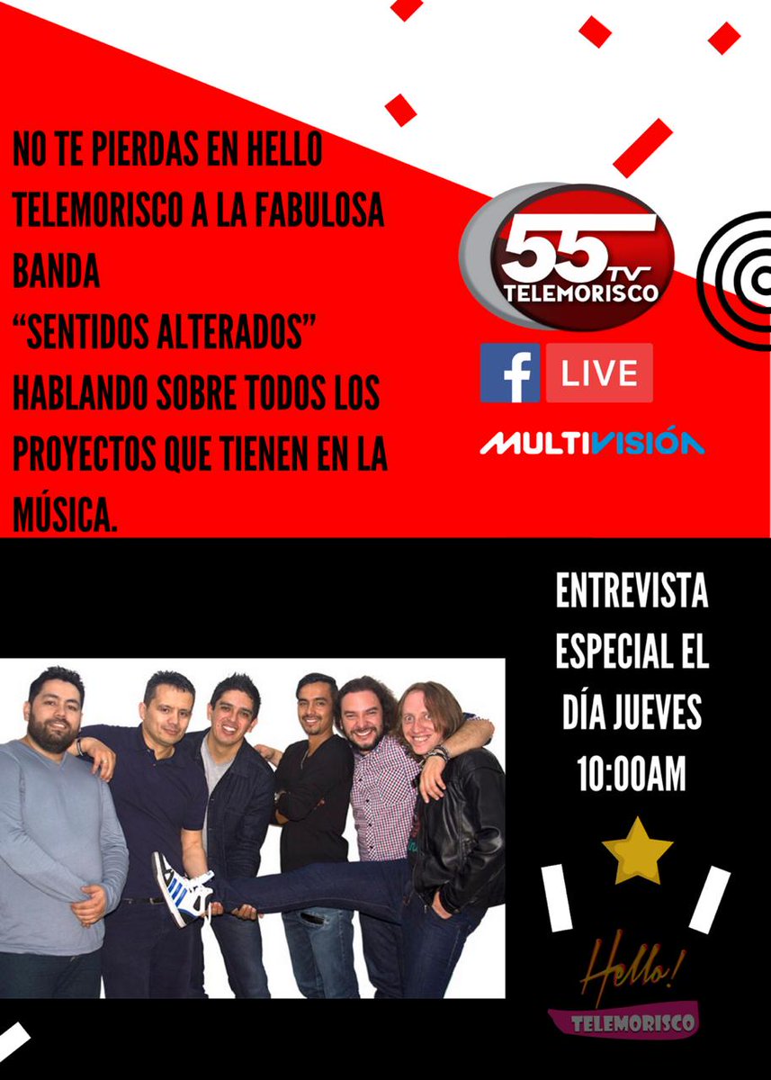 sentidosaltera's tweet photo. Mañana Jueves 17 de Diciembre estaremos en @TELEMORISCOTV a las 10:00 a.m.!! Acompáñennos en el Facebook Live.
#SentidosAlterados #AlteraTusSentidos #Telemorisco #TelemoriscoTV #Canal55 #FacebookLive #Multivision #HaNacidoElRey #Navidad #Christmas #FelizNavidad #MerryChristmas https://t.co/ns8vwSGX3S