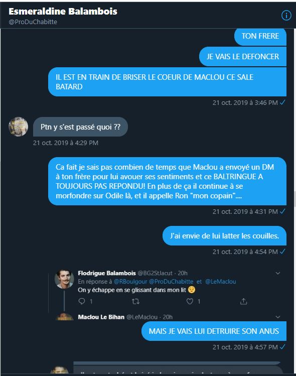 InsideJacut's tweet photo. Deuxième conversation :

Esmeraldine BALAMBOIS/Zoé Plouarnec

À propos de Maclou et Flodrigue https://t.co/Bh4COvTF1R
