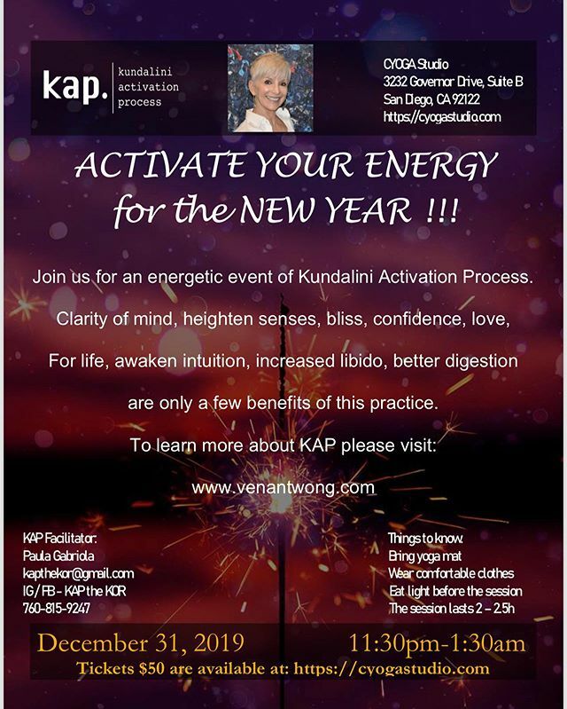CYOGASTUDIO's tweet photo. Here is an excellent plan for the New Year! Join our guest Paula Gabriola of Kundalini Activation Process (KAP) and begin 2020 AWAKE! Be ready for the blessings of this new decade. The workshop will be held from 11:30pm-1:30am on Dec. 31st. We hope to see you there. Sat Nam … https://t.co/FcMlY2CMqi