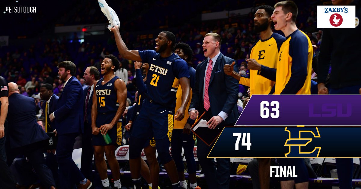 ETSU_MBB's tweet photo. BUCS WIN! BUCS WIN! BUCS WIN! 

ETSU takes down LSU on the road, 74-63!!!

It's the Bucs' 17th all-time win over an SEC opponent and the first-ever meeting against LSU!

#ETSUTough https://t.co/TY6ppfLtRD