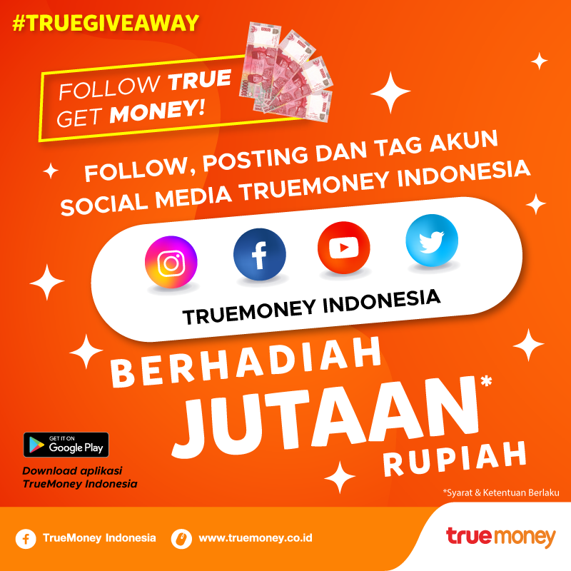 TrueMoneyId's tweet photo. Hallo #TrueFriends ! Yuk ikutan #TrueFriendsTeam #TrueGiveaway kali ini. Kirimkan Screen Shoot bahwa kamu sudah follow semua sosial media TrueMoney Indonesia yah! Untuk info lebih lanjut, kalian bisa klik disini ya https://t.co/yNtmZA8EsG https://t.co/8HeIQpcWmu