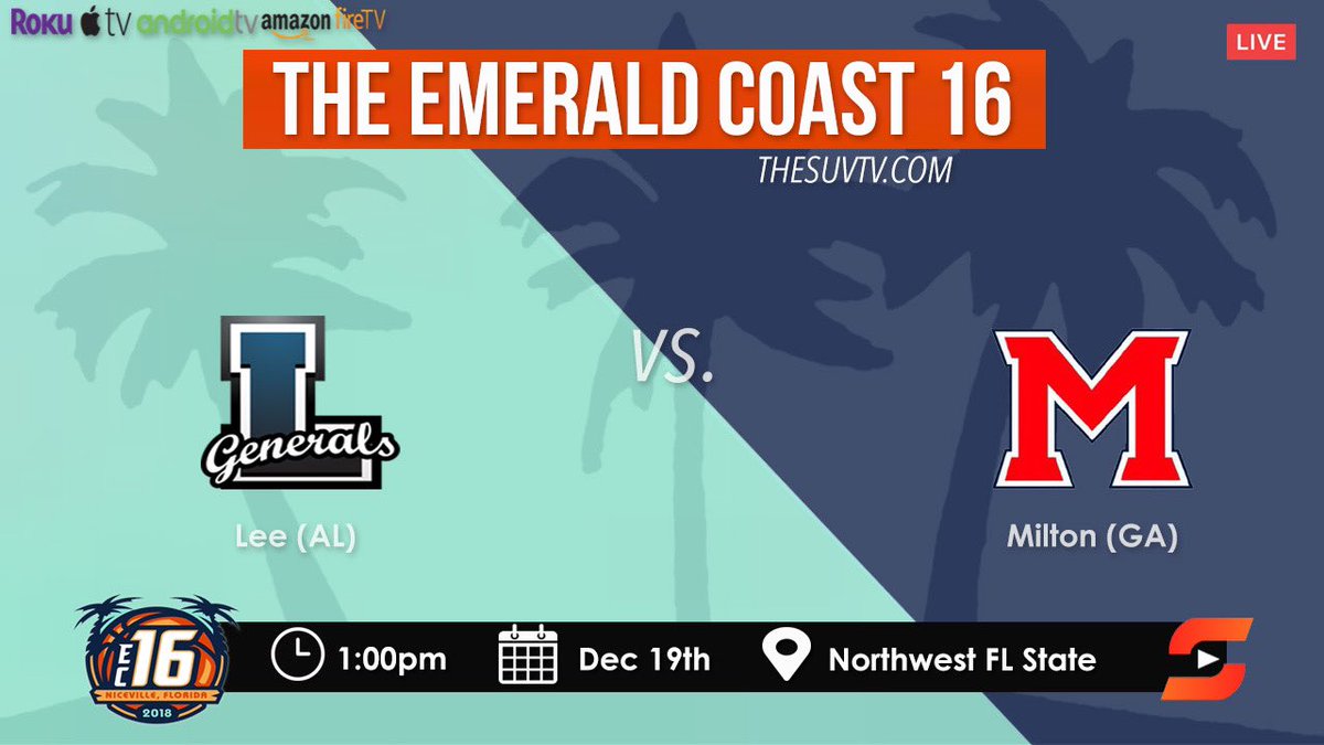 SUVtv's tweet photo. 🌴#EC16 - Day 1
🏀Lee (AL) vs Milton (GA)
📅Thur., Dec. 19
⏰1pm CST
📍Northwest Florida State College - Niceville, FL
📺https://t.co/XaLSOCoKTQ
@milton_hoops @leehighhsv @ViiGroup @HSVsports @MiltonHighSch @VarsityPrep @WhitehartHoops
#SUVtv https://t.co/5SLNxxyorE