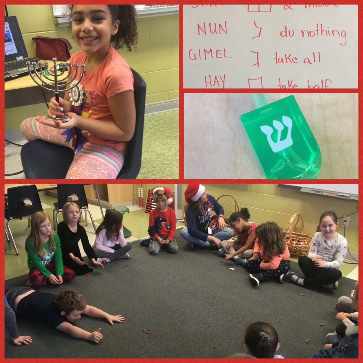 MissParks14's tweet photo. The Gr. 2’s had a special visitor this week from DT’s Gr. 3 class!Our “mini teacher” taught us all about how her family celebrates Hanukkah, lighting the menorah,  dreidel, and a few Hebrew words! #holidayseason #diversity #socialstudies @DiamondTrailPS https://t.co/5wKYVH8a9i