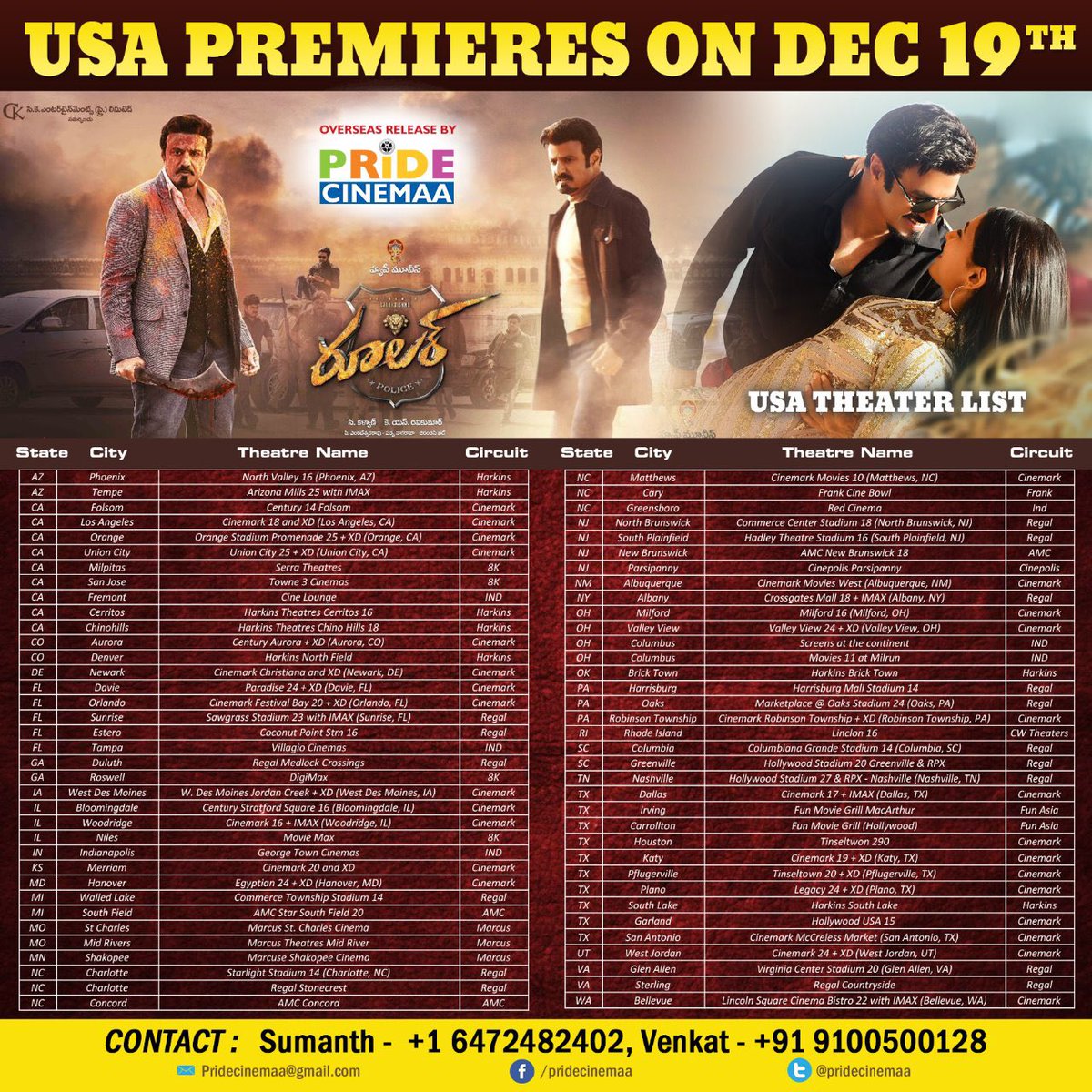 Haappy Movies (@haappymovies) on Twitter photo Experience the Power, Love, Vengeance and Justice with #NandamuriBalakrishnaβs #Ruler
Overseas Premieres from today π₯
<a href="/sonalchauhan7/">SONAL CHAUHAN</a> <a href="/Vedhika4u/">Vedhika</a> <a href="/prakashraaj/">Prakash Raj</a> <a href="/bhumikachawlat/">Bhumika Chawla β Just B</a> #KSRaviKumar #ChirantannBhatt <a href="/CKEntsOffl/">CK Entertainments</a> <a href="/adityamusic/">Aditya Music</a> <a href="/pridecinemaa/">pridecinemaa</a>
#RulerOnDec20th Experience the Power, Love, Vengeance and Justice with #NandamuriBalakrishnaβs #Ruler
Overseas Premieres from today π₯
<a href="/sonalchauhan7/">SONAL CHAUHAN</a> <a href="/Vedhika4u/">Vedhika</a> <a href="/prakashraaj/">Prakash Raj</a> <a href="/bhumikachawlat/">Bhumika Chawla β Just B</a> #KSRaviKumar #ChirantannBhatt <a href="/CKEntsOffl/">CK Entertainments</a> <a href="/adityamusic/">Aditya Music</a> <a href="/pridecinemaa/">pridecinemaa</a>
#RulerOnDec20th