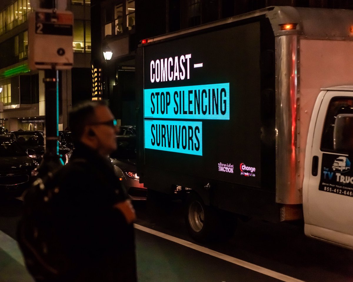 UltraViolet's tweet photo. Tonight, an electronic billboard circled a busy intersection in front of Comcast’s headquarters, calling out the company’s toxic work culture and silencing of sexual assault survivors. #SupportSurvivorsNBC https://t.co/M3MMEApdcE
