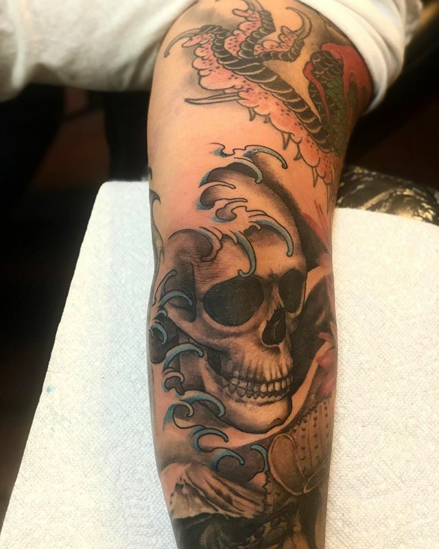 Skullweb elbow by Felix Roman at Great Lakes Tattoo  rtraditionaltattoos