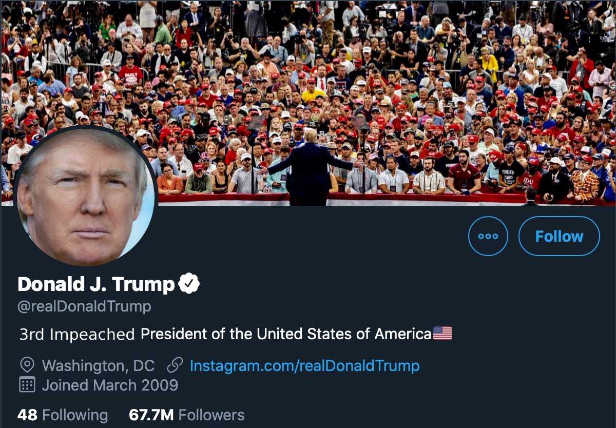 CalReynolds98's tweet photo. Digging the new bio Donald! #ResignTrump #IMPEACHMENTVOTE #TrumpImpeachment https://t.co/fKLnlchvqx