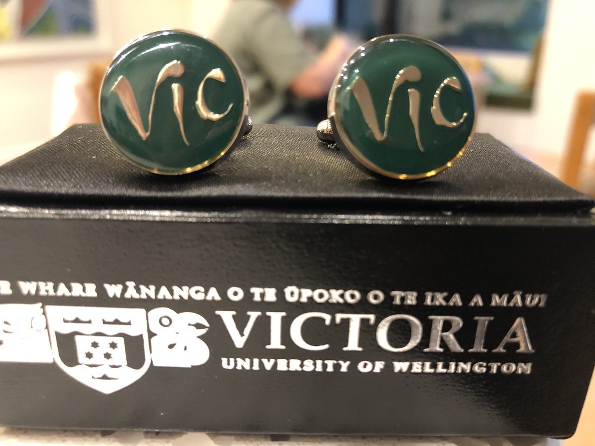 davidcapie's tweet photo. Great last day in the office for 2019. Got word of an article accepted, my lovely colleagues gave me these excellent @VicUniWgtn #StickWithVic cufflinks, and sabbatical starts in 5 minutes... https://t.co/4RSf6GVQSw