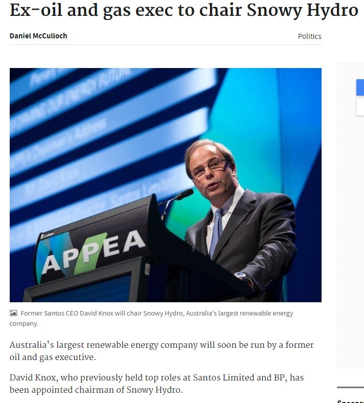 LyndaFrench19's tweet photo. Liberals #StackingtheBoards

#DavidKnox, who previously held top roles at #Santos Limited and BP, has been appointed chairman of 
#SnowyHydro.

https://t.co/FNTHxK6WBo

#Renewables @Mark_Butler_MP https://t.co/SyO10p2bFv