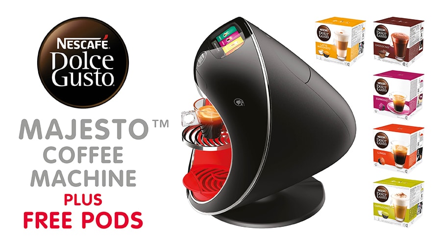 Nescafé Dolce Gusto Majesto™ Coffee Machine plus five boxes of pod capsules FREE! (while stocks last) Terms &amp; conditions apply.