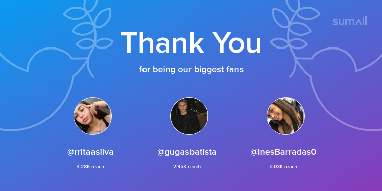 matttttcosta's tweet photo. Our biggest fans this week: rritaasilva, gugasbatista, InesBarradas0. Thank you! via https://t.co/tlXRhDs3XL https://t.co/KmR6wAh1UR