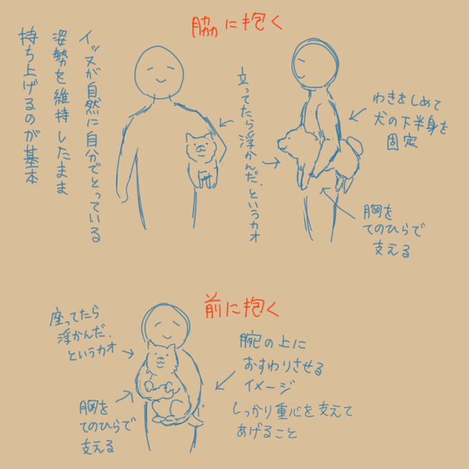 マシュマロで犬の抱き方について質問をもらったので簡単に描いてみました
犬を持ち上げる時は犬がその時とっている姿勢を維持したまま持ち上げるイメージでやるといいです
自分の犬じゃない場合は飼い主の許可を必ず取ろうね? 