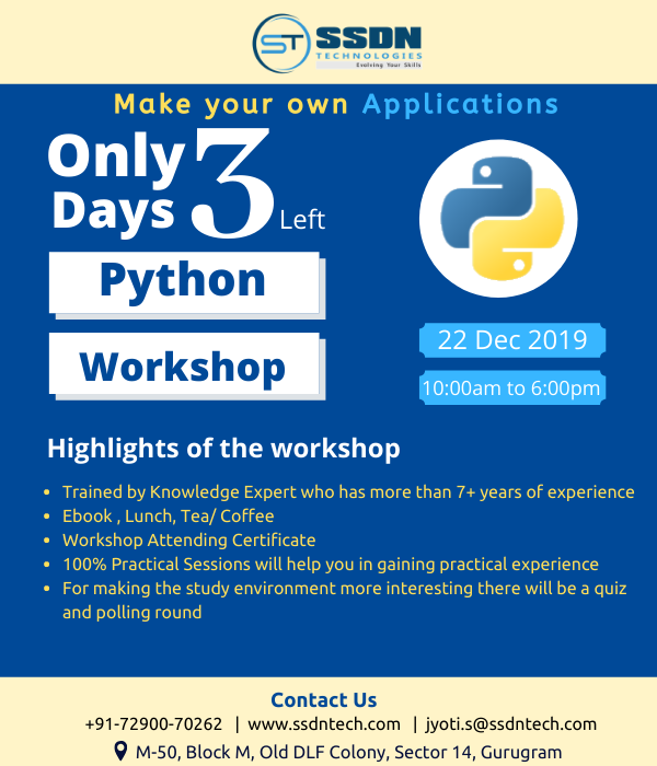 ssdntechnologie's tweet image. Hurry up! You have only 3 days left to Register for Python Workshop. Book your seat now: ssdntech.com/event/python-w… 
#python #pythonworkshop #coding #programming #workshop #ssdntechnologies #event #application #codingmaster #PythonProgramming
