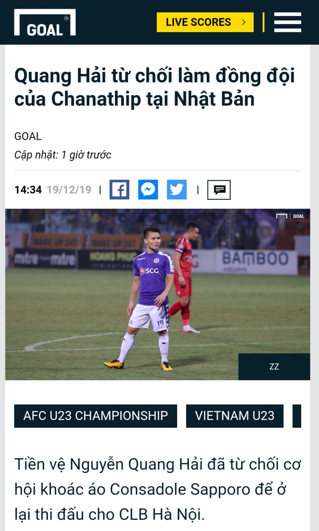 All Things Thai Football Goal Vietnam Vietnamese Club Hanoi Fc Denied An Opportunity For Quang Hai To Be Chanathip S Teammate In Japan After The Club Rejected The Offer From