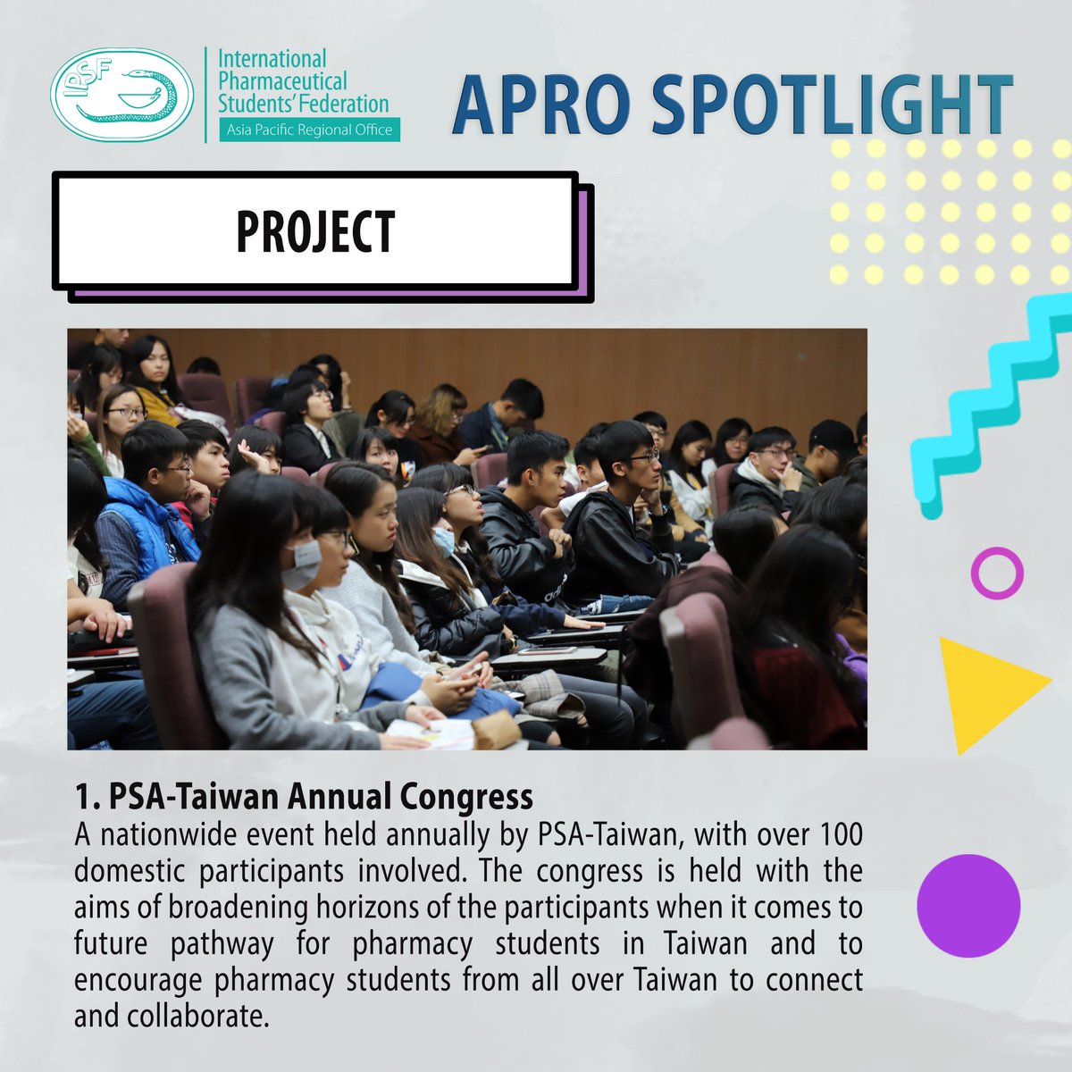 IPSFAPRO's tweet photo. [IPSF APRO Spotlight-Member Organisations Branding // Introduction of PSA-Taiwan,Taiwan]

PSA-Taiwan is organized by nine pharmacy schools throughout Taiwan, as a representative of 3000 to 4000 pharmaceutical students annually.

#APROSPOTLIGHT 
#PSATaiwan
#IPSFAPRO 
#IPSForg https://t.co/pIGeb5ALK7